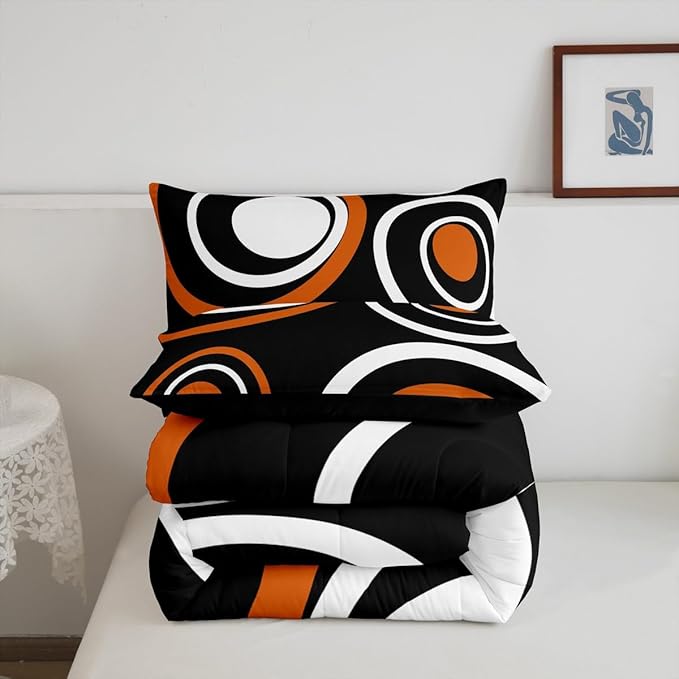 Erosebridal Orange Black Abstract Queen Comforter Set for Adult Women Men Modern Striped Circles Bedding Set Boho Geometric Art Aesthetic Bed Set Minimalist Black White Abstract Quilt Set