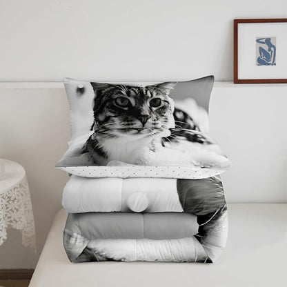 Erosebridal Cat Comforter Set King Size Cute Kitten Quilt Insert for Kids Men Women Kawaii Beard Animal White Grey Comforter Warm Soft Bedding Set