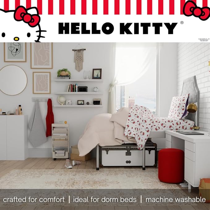 Collectibles Hello Kitty Bedding Super Soft Cotton 3 Piece Twin XL Sheet Set, College Dorm Essentials (Officially Licensed Product) by Franco