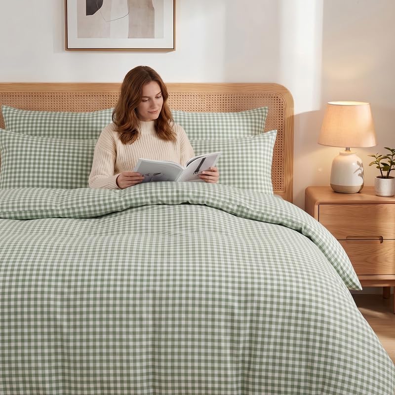 NEXHOME PRO Green Gingham Duvet Cover Queen, 100% Washed Cotton Like Linen Feel Organic Natural Bedding Set 3 Piece Sage Vintage Plaid Checkered Comforter Cover Set (No Comforter) 9090