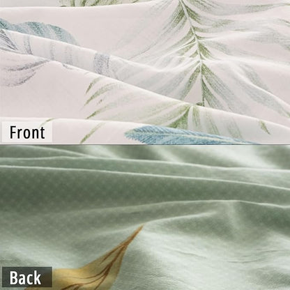 Botanical Cotton Comforter King Size - Sage Green Comforter Printed with Leaves & Ferns on White,Reversible Light-Weight Bedding Sets 3Pcs(Leaves,104"×90")