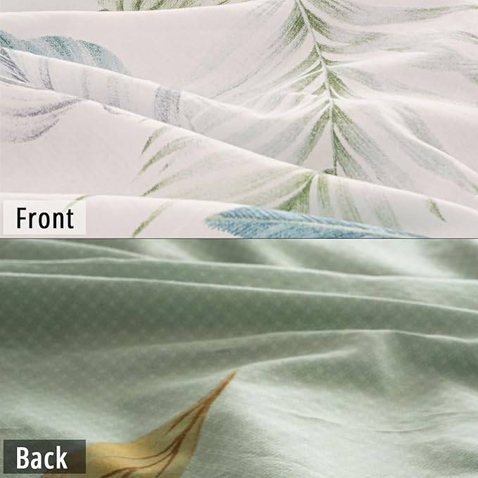 Botanical Cotton Comforter Twin Size - Sage Green Comforter Printed with Leaves & Ferns on White,Reversible Lightweight Bedding Sets 2Pcs(Leaves,68"×90")
