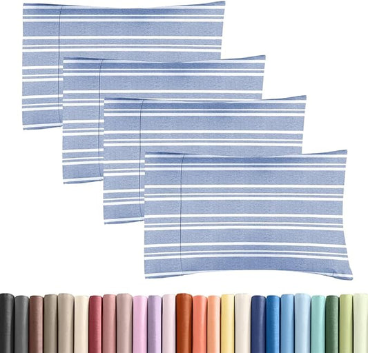 Standard Pillow Cases Set of 4 - Soft Hotel Quality Pillowcase Covers - Comfy, Cozy Bedding for Women, Men, Kids & Teens - Machine Washable Pillow Protectors - 4 Piece - Standard Size Blue Stripes