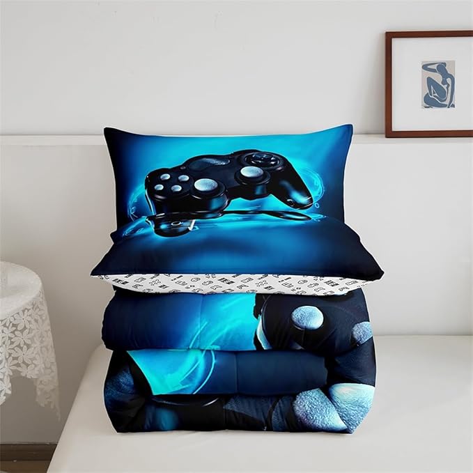 Feelyou Gamer Comforter Sets for Boys Twin Bedding Set for Boys Kids Gaming Comforter Gamer Room Decor Blue Video Game Bed Set Teens Bedroom Gamepad Duvet Set All Season 1 Comforter with 1 Pillow Case