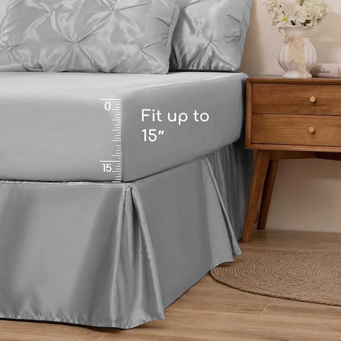 MR&HM Satin Comforter Twin XL 5 Pieces - Luxurious Pinch Pleat Bedding Set with Comforter, Flat Sheet, Fitted Sheet, Pillowcase & Sham, Super Silky Soft Bed Set for All Season (Twin XL, Silver Grey)