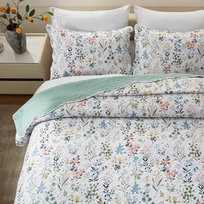LEAONME 3-Piece Full Queen Size Quilt Set Lightweight Bedspread Coverlet 90''x98'' Garden Style Floral Printed Oversized Bedding Set with Shams for All Season