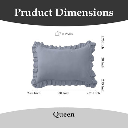 Ruffle Pillow Cases Queen Size Set of 2 – Soft Wrinkle Resistant Brushed Microfiber Ruffled Pillowcases –Envelope Pillow Shams Cover Festive Gift for Hotels,Guest Rooms 20x30 Inch (Silver Gray)