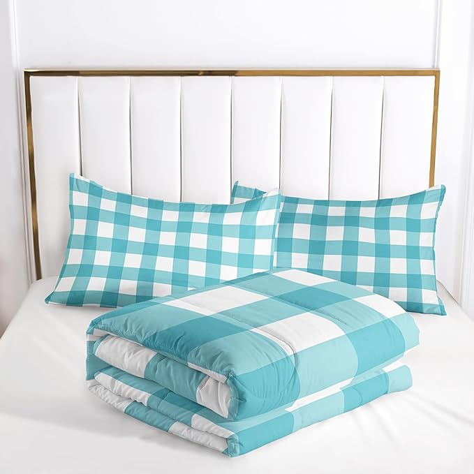 3Pcs Gingham Bedding for Girls,Geometric Patchwork Comforter Set for Boys Girls Kids,Teal Plaid Checkered Comforter for Kids,King Size Vintage Farmhouse Bedding Set 1 Quilt 2 Pillowshams