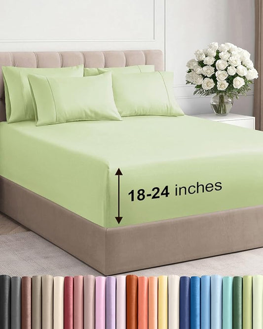 Extra Deep Full Sheet Set - 6 Piece Breathable and Cooling Sheets - Hotel Luxury Bedding for Women, Men, Kids & Teens - Easy & Secure Fit - Soft, Wrinkle Free & Comfy - Extra Deep Pockets - Light Sage