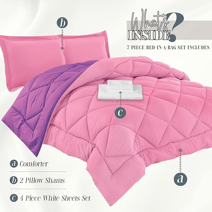 Elegant Comfort 7-Piece Bed-in-a-Bag Comforter & Sheet Set- Luxury 1500 Thread Count 7-Piece Full Size Bed-in-a-Bag, Super Cozy Bed Sheets and Comforter Set, Wrinkle and Stain Resistant, Pink/Purple