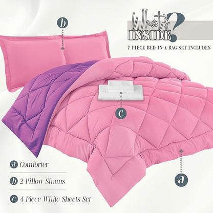 Elegant Comfort 7-Piece Bed-in-a-Bag Comforter & Sheet Set - Luxury 1500 Thread Count RV SHORT Size, Cozy Sheets and Comforter, Wrinkle and Stain Resistant, Pink/Purple