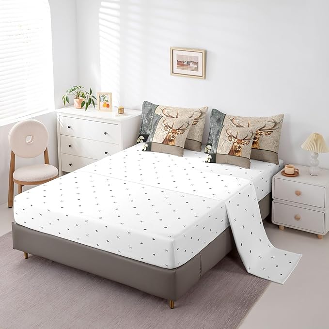 Erosebridal Elk Deer Bed in a Bag King Size Comforter Set 7 Pieces,Woodland Animals Bedding Sets Wild Animals Sheet Set with Comforter