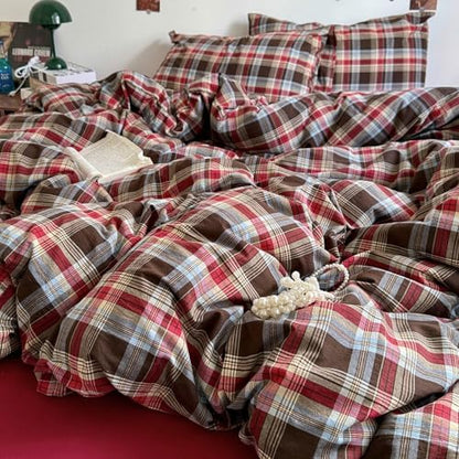 LifeTB Vintage Buffalo Plaid Comforter Set Twin XL, 3 Pieces Red Brown Grid Checkered Comforter with 2 Pillowcases, Breathable Soft Farmhouse Grid Pattern Printed Plaid Gingham Bedding Comforter Set