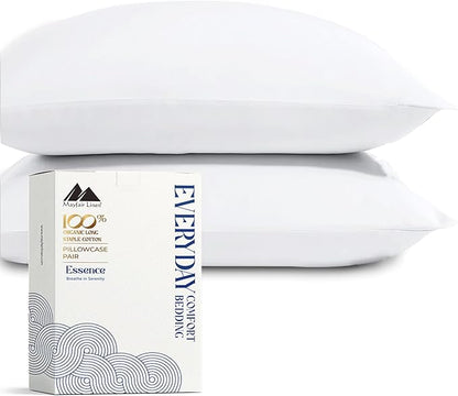Mayfair Linen 100% Organic Cotton King Size Pillow Cases Set of 2 - Soft Hotel Quality Covers for King Size Pillows (White), Authentic GOTS Certified, Crisp, Cooling Percale Weave Cotton Pillowcases