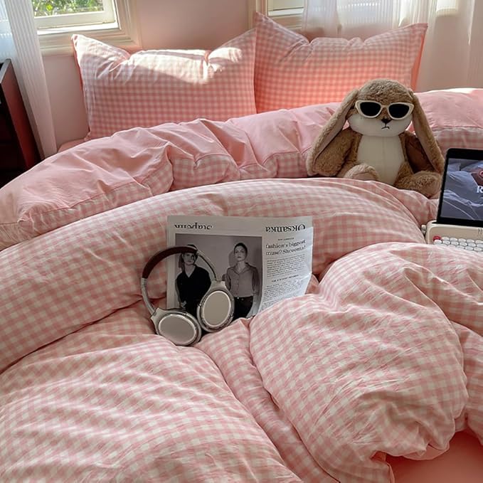 Nayoroom Pink Gingham Duvet Cover King Size Reversible Plaid Checkered Duvet Cover 3 Pieces Soft Breathable Washed Microfiber Girls Dorm Bedding Set for All Season