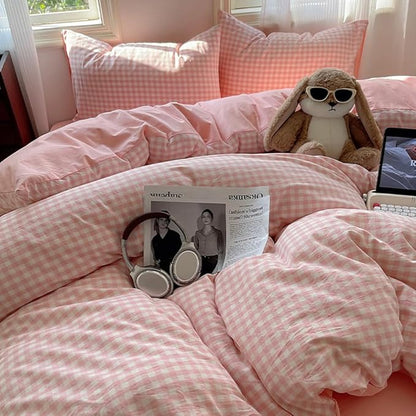 Nayoroom Gingham Duvet Cover Twin Size Reversible Pink Plaid Checkered Duvet Cover 2 Pieces Soft Breathable Washed Microfiber Girls Dorm Bedding Set for All Seasons