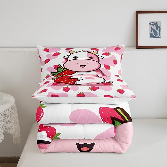 Feelyou Milk Cow Comforter Pink White Cow Strawberry Pattern Comforter Set Bedding Set for Kids Adults Kawaii Girls Milk Cow Duvet Set Ultra Soft Room Decor Full Size Quilt Set
