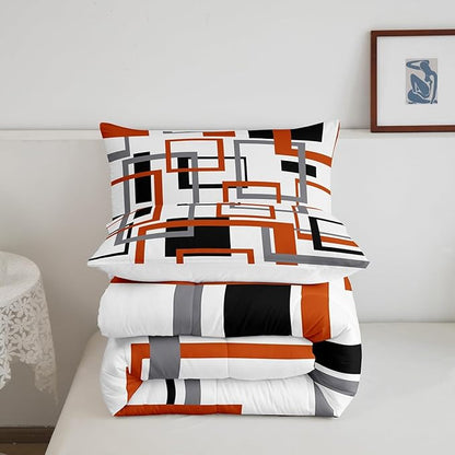 Erosebridal Geometric Square Comforter Set for Men Women,White Black Orange Bedding Set,Abstract Grid Patchwork Quilt Set Lightweight,Modern Down Comforter with 2 Pillow Shams,Queen