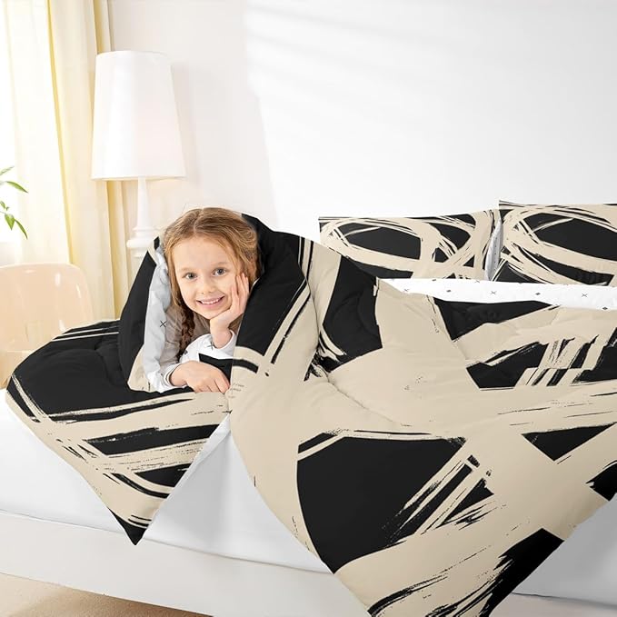 Erosebridal Beige and Black Striped King Bedding Set for Kids Teens Adults, Geometric Striped Comforter Set for Minimalists,Graffiti Aesthetic Lines Duvet Insert,Contemporary Boho Modern Art Quilt
