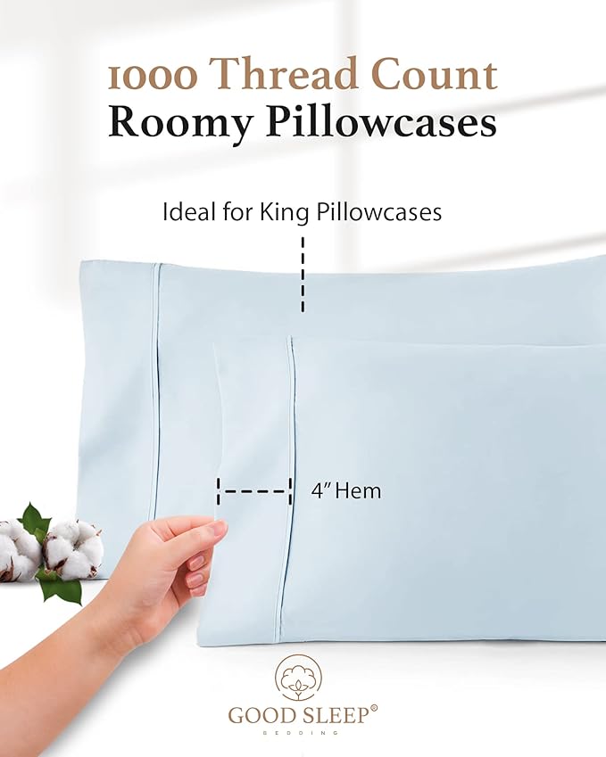 1000 TC Light Blue King Pillowcases Set of 2 100% Egyptian Cotton Pillow Cases with Long Staple Cotton & Sateen Weave, Silky Soft Hotel - Like Bed Pillow Covers for Comfy Sleeping, Snug Fit