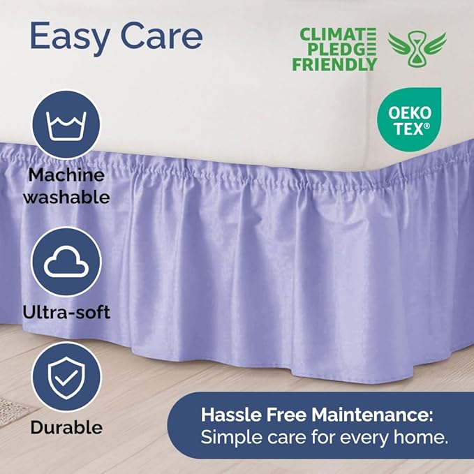 Wrap Around Dust Ruffle Bed Skirt - Lavender - for Queen Size Beds with 21 Inch Drop - Elastic Strap - Adjustable Pleated Bedskirt with Brushed Fabric and Wrinkle Free - for Women, Men, Kids & Teens