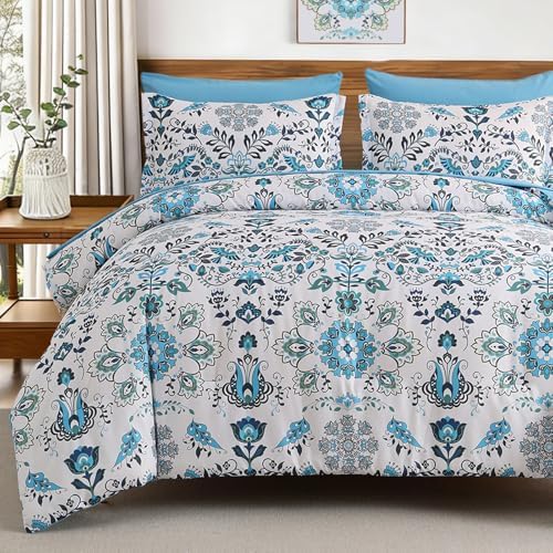 DHSFKBE Boho Comforter Set Queen - 7 Pieces Bed in a Bag Floral Design, Bohemian Comforter Set with Sheets, Soft Microfiber Complete Bedding Sets All Season (Light Blue, Queen)