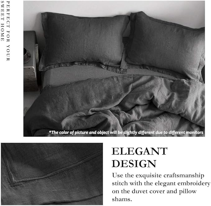 Simple&Opulence 100% Linen Duvet Cover Set with Embroidery Washed - 3 Pieces (1 Duvet Cover with 2 Pillow Shams) with Button Closure Soft Breathable Farmhouse - Dark Grey, King Size