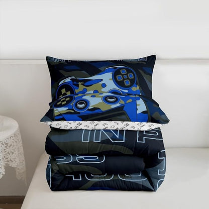 Feelyou Boys Gaming Comforter Set King Size Teens Gamer Bedding Set Retro Blue Camouflage Video Game Controller Comforter for Kids Decor Gamer Console Action Buttons Duvet Set Microfiber Boys