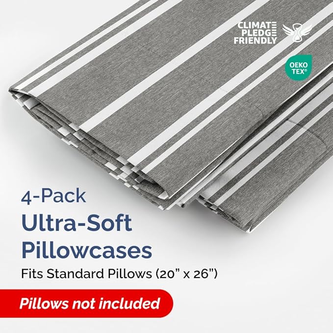 Standard Pillow Cases Set of 4 - Soft Hotel Quality Pillowcase Covers - Comfy, Cozy Bedding for Women, Men, Kids & Teens - Machine Washable Pillow Protectors - 4 Piece - Standard Size Grey Stripes