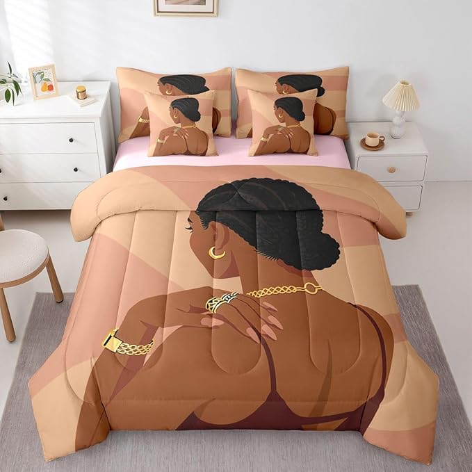 Fashion Black Woman Sheet Set With Comforter King Size Romantic Makeup Themed Girls 7 Piece Bedding Set Fashionable Gorgeous Comforter Sets Vogue Afro Girls Bed In A Bag For Kids Teens Adult Bedroom