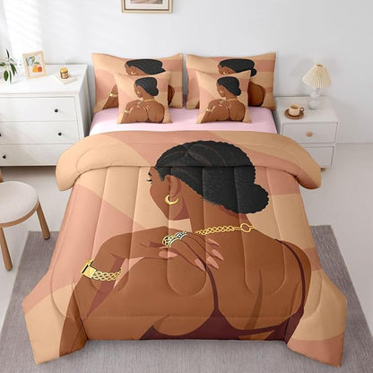 Fashion Black Woman Sheet Set With Comforter King Size Romantic Makeup Themed Girls 7 Piece Bedding Set Fashionable Gorgeous Comforter Sets Vogue Afro Girls Bed In A Bag For Kids Teens Adult Bedroom