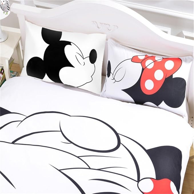 Microfiber Reversible Printing Mickey Mouse Couples Duvet Cover 3PCS Bedding Set with Zipper Closure - Ultra Soft Lightweight and Easy Care, Queen