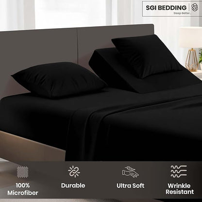 SGI bedding 36" King Split Top Flex Head Sheet Set 1800 Threads Flex Top Sheet for Adjustable Bed 4 Piece Sheet Set 15" Deep Pocket for Sleep Number Bed - Black