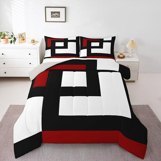 Erosebridal Red Black and White Striped Bedding Set Full Size Square Abstract Comforter Set for Adult Women Men Modern Geometric Stripes Bold Lines Bed Sets Minimalist Plaids Quilt Sets