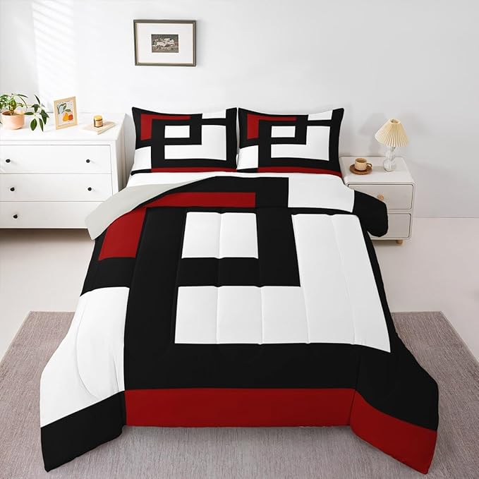 Erosebridal Red Black and White Striped Twin Bedding Sets for Adult Women Men Square Abstract Comforter Set Modern Geometric Stripes Bold Lines Quilt Set Minimalist Plaids Bed Collections