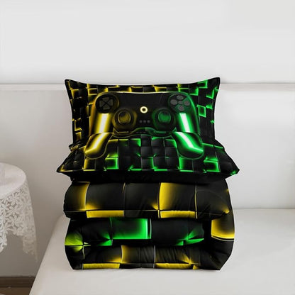 Erosebridal Gaming King Bedding Sets for Kids Boys Gamer Comforter Set 3D Neon Lights Ombre Geometric Checkered Gamepad Quilt Comforter Lightweight Gamer Bed Duvet Set for All Season,Green Gold