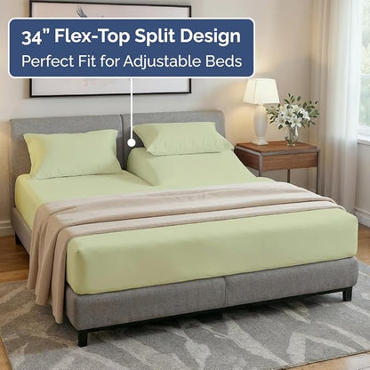 Flex Top Split Head King 4 Piece Sheet Set - Comfy Breathable & Cooling Bed Sheets Set - Hotel Luxury Bedding for Women, Men, Kids, Teens, Boys & Girls - Deep Pockets, Soft, Oeko-Tex, Light Sage Green