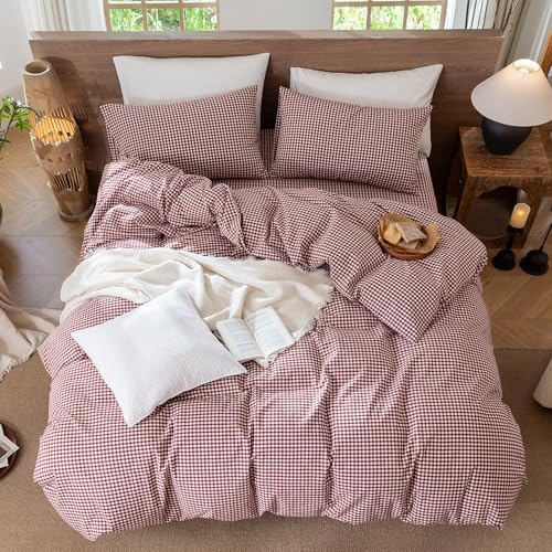 MooMee Gingham Duvet Cover Set 100% Washed Cotton Linen Like