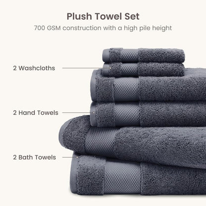 BIOWEAVES 100% Organic Cotton 700 GSM Plush 6-Piece Towel Set GOTS Certified, 2 Bath Towels, 2 Hand Towels & 2 Washcloths - Charcoal