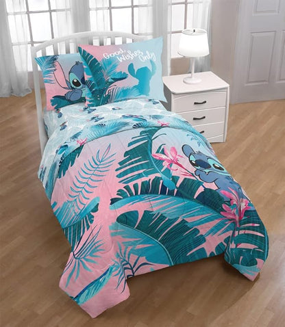 Jay Franco Disney Lilo & Stitch Floral Fun 7 Piece Full Bed Set - Includes Reversible Comforter & Sheet Set Bedding - Super Soft Fade Resistant Microfiber - (Official Disney Product)