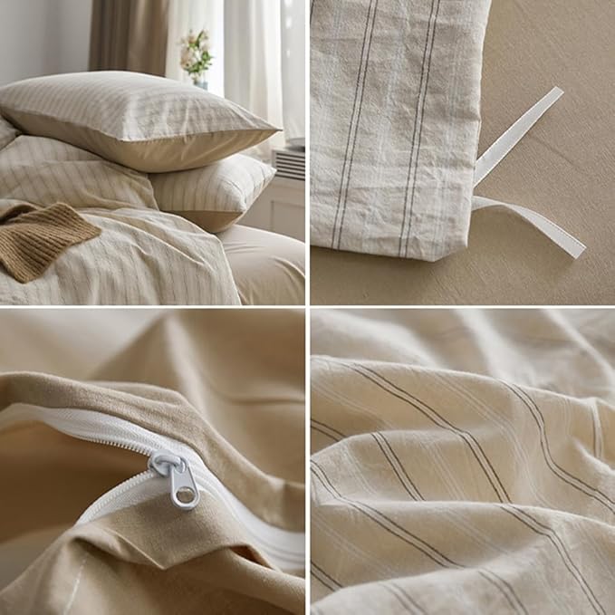 Nayoroom Beige Striped Duvet Cover Queen Size 100% Washed Cotton Duvet Cover Linen Like Textured, Reversible 3 Pieces Soft Breathable Yarn-Dyed Stripe Girls Dorm Bedding Set for All Seasons