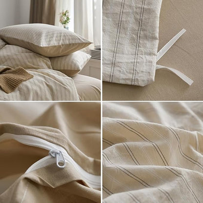 Nayoroom Beige Striped Duvet Cover Queen Size 100% Washed Cotton Duvet Cover Linen Like Textured, Reversible 3 Pieces Soft Breathable Yarn-Dyed Stripe Girls Dorm Bedding Set for All Seasons