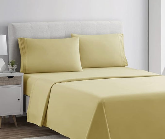 Clara Clark Bed Sheets, Premier 1800 Series 4 Piece Bed Sheet Set, Deep Pocket, Wrinkle, Fade, Stain Resistant, Luxury Soft Bedding Sheets & Pillowcases, Twin, Custard Mellow