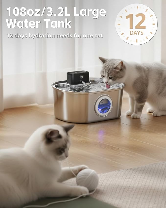 Wireless Cat Water Fountain Stainless Steel, Pet Drinking Fountain Cordless – 3.2L/108oz Battery Operated Automatic Water Dispenser for Cats Indoor, with Motion Sensor & Quiet Pump (1 Filter)