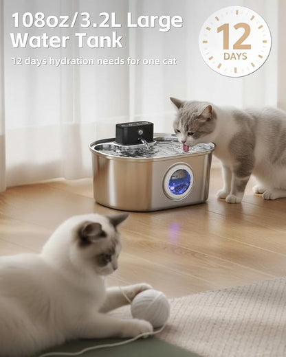 Wireless Cat Water Fountain Stainless Steel, Pet Drinking Fountain Cordless – 3.2L/108oz Battery Operated Automatic Water Dispenser for Cats Indoor, with Motion Sensor & Quiet Pump (1 Filter)
