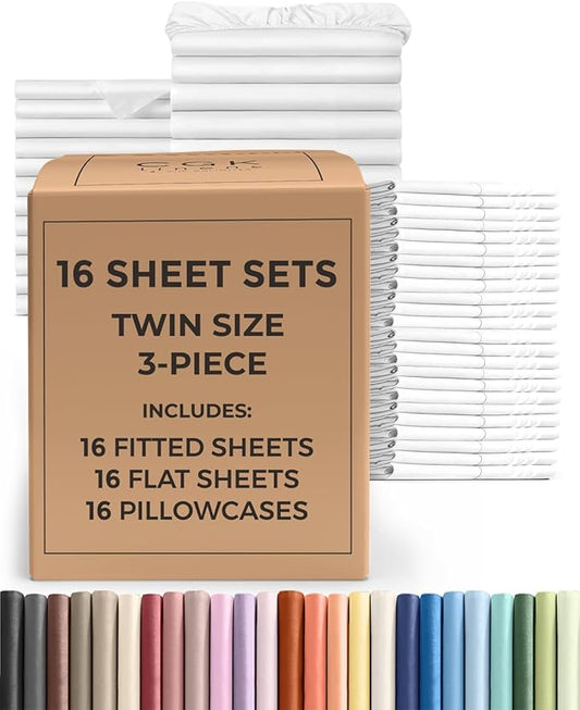 Bulk Case Pack of 16 Sheet Sets - (16) Complete Twin Size Sheet Sets with Deep Pockets - Wholesale Bulk Bedding for Hotels, Spas & Airbnbs - Breathable, Cooling, Soft & Wrinkle Free - (Twin, White)