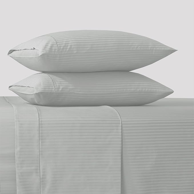 Feather & Stitch 500 TC Twin Size Damask Bed Sheet Set, 100% Cotton Soft Breathable Bedsheets, 3 Piece 18" Deep Pockets Sateen Weave Striped Bedding Mattress Resort Hotel Luxury - (Blue Blush Stripe)