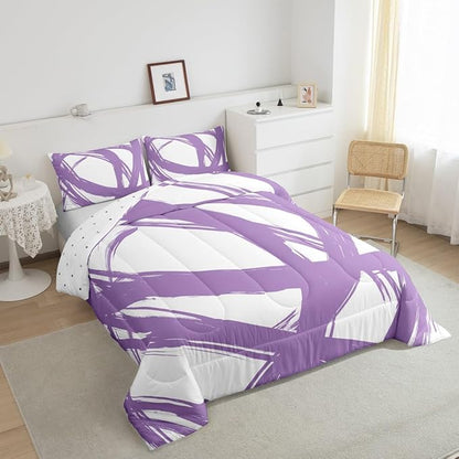 Purple and White Striped Bedding Set Full Size for Adults Youth Teens,Contemporary Boho Modern Art Comforter Set,Graffiti Stripes Lines Quilt,Aesthetic Geometric Duvet Insert for Minimalists