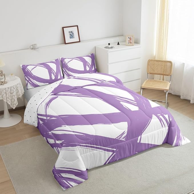Purple and White Abstarct Comforter Set Twin Size for Kids Boys Girs,Graffiti Stripes Lines Bedding Set,Aesthetic Geometric Duvet Insert for Minimalists,Contemporary Boho Modern Art Quilt
