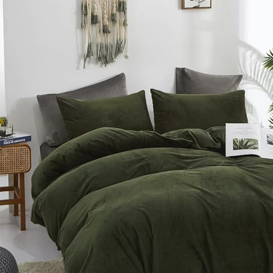 CLOTHKNOW Army Green Velvet Comforter Set Twin/Twin XL 3Pcs Dark Green Bedding Comforter Sets Hunter Green Comforter Soft Olive Green Comforter Sets